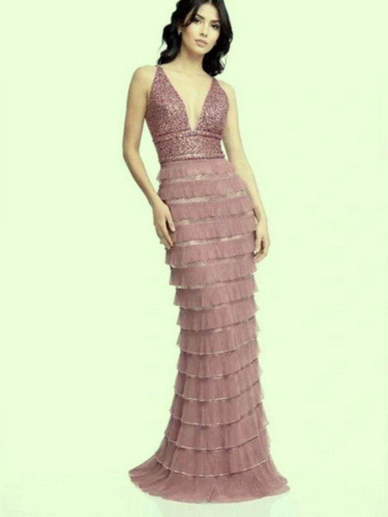 Dress The Population Shelley Dusty Lavender Sequin Ruffle Tiered Gown
